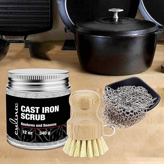 Cast Iron Cleaning & Restoring Scrub & Brush & Stainless Scrubber