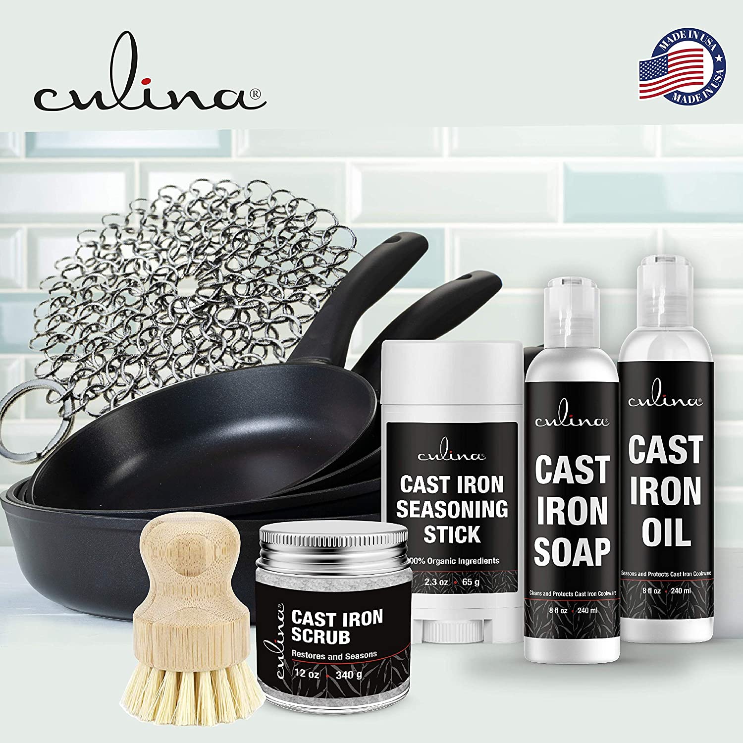 Culina Cast Iron Soap & stick & Conditioning Oil & Stainless Scrubber &Restoring Scrub & brush | All Natural Ingredients | Best for Cleaning, Non-stick Cooking & Restoring | for Cast Iron Cookware - LivanaNatural