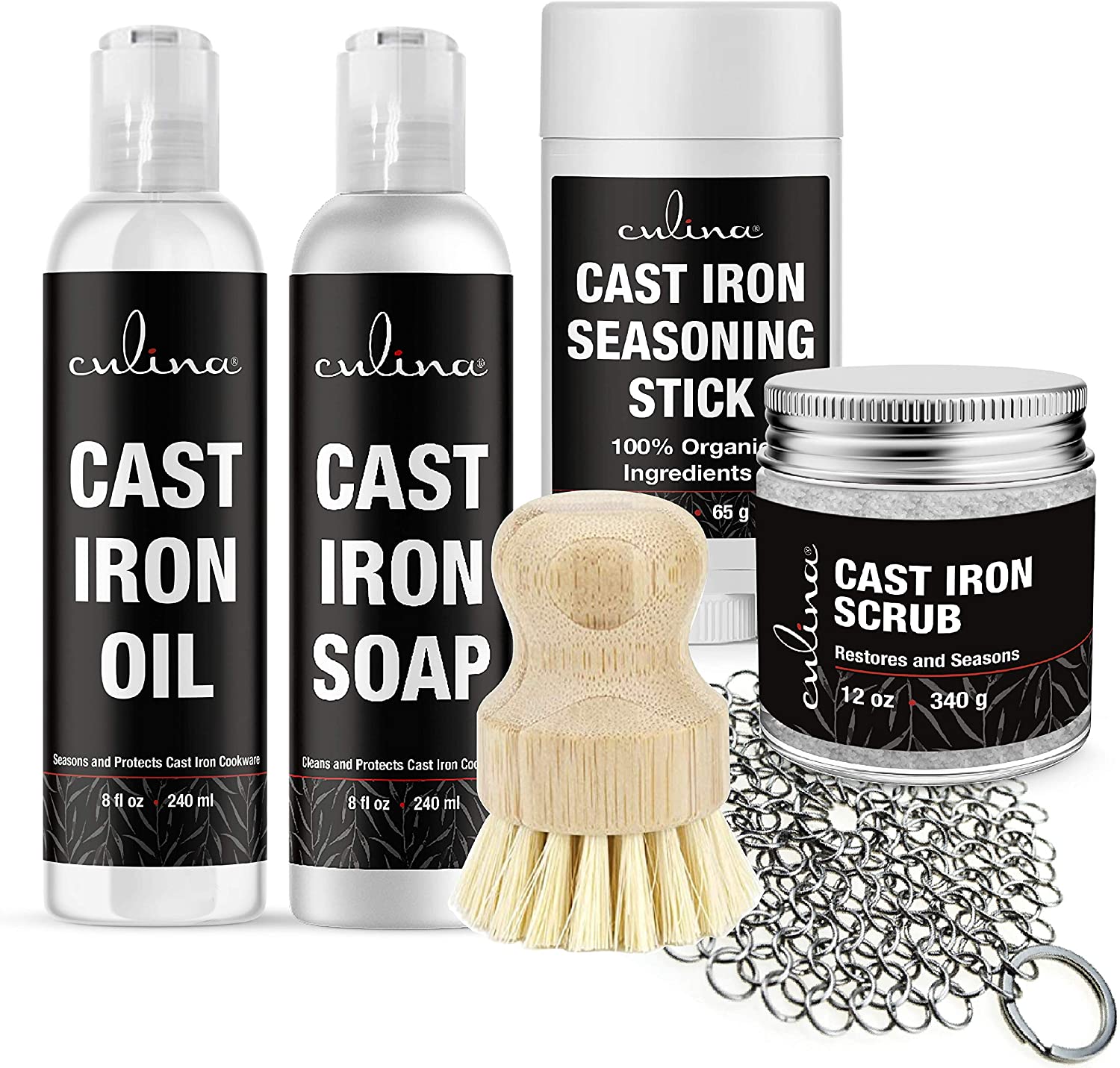 Culina Cast Iron Soap & stick & Conditioning Oil & Stainless Scrubber &Restoring Scrub & brush | All Natural Ingredients | Best for Cleaning, Non-stick Cooking & Restoring | for Cast Iron Cookware - LivanaNatural