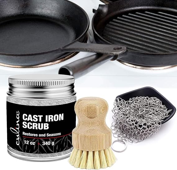 Cast Iron Cleaning & Restoring Scrub & Brush & Stainless Scrubber